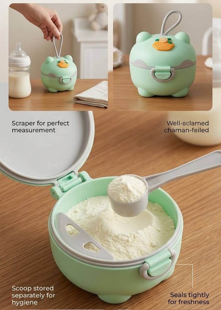 A promotional infographic for a premium baby milk powder dispenser. The main product is a mint green, duck-shaped container with a lid, shown with white powder inside and a scoop.